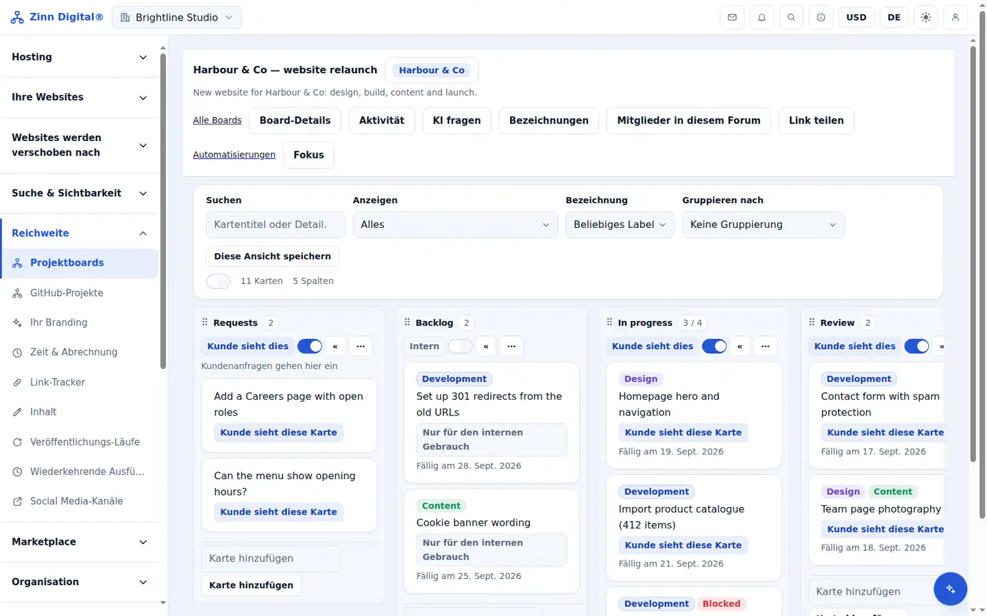 A Zinn® Boards kanban board with Requests, Backlog, In progress, Review and Done columns