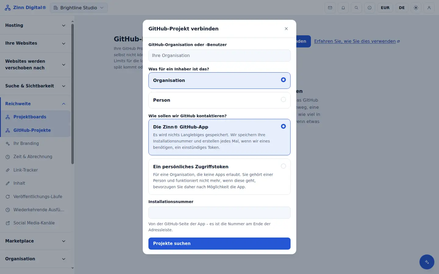 Connecting a GitHub project in Zinn® Boards, choosing the GitHub app or a personal access token